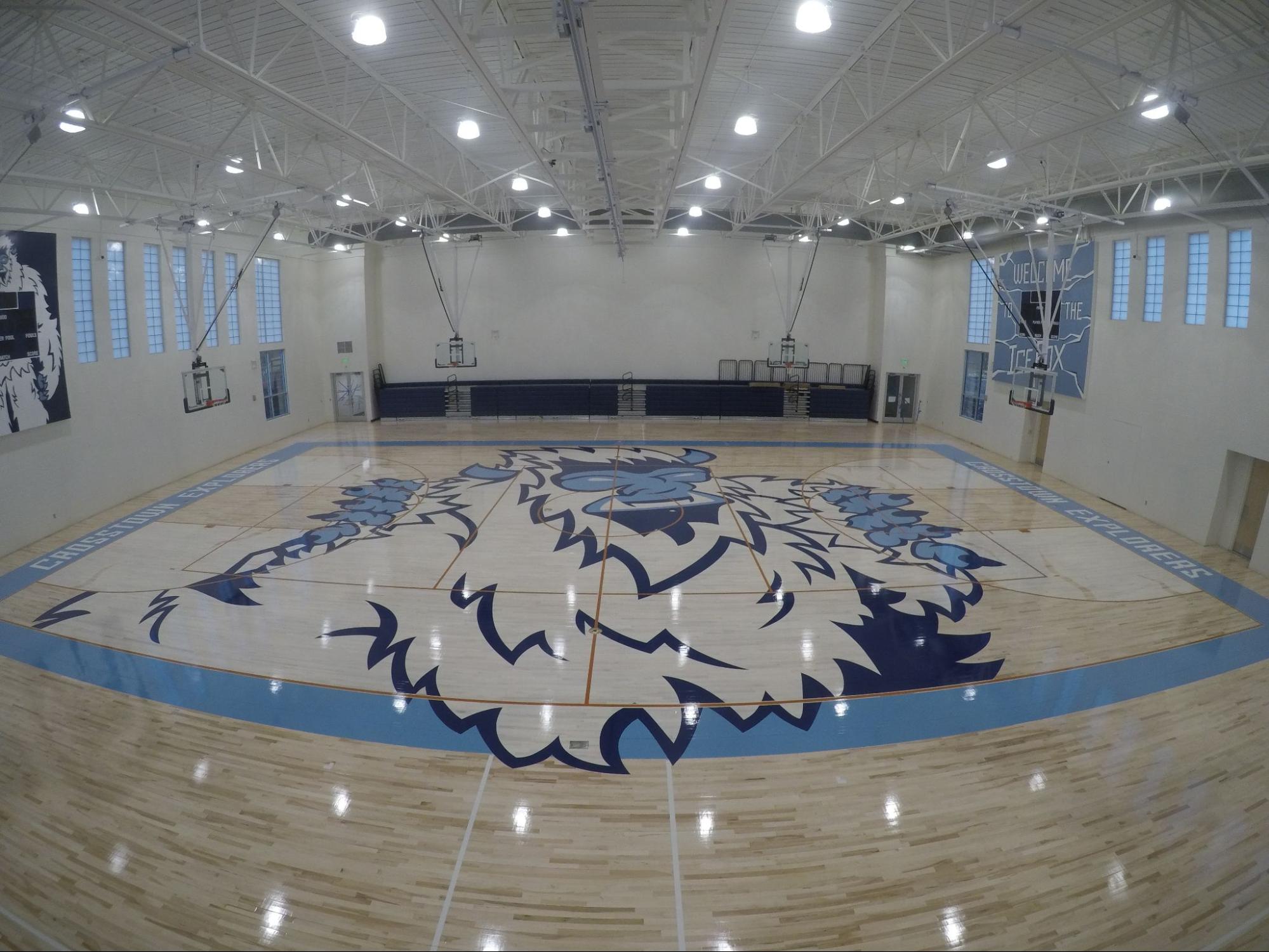 Newly finished hardwood gymnasium floor by Sports Floors, Inc. with a large blue and white mascot logo painted at center court and light blue boundary lines